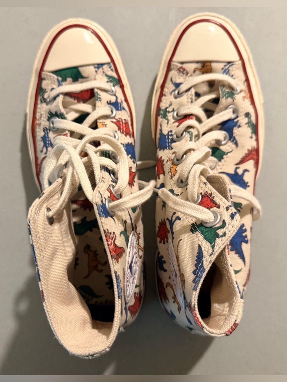 Canvas High-Top Sneakers with Colorful Dinosaur Print - Beige/Multicolor